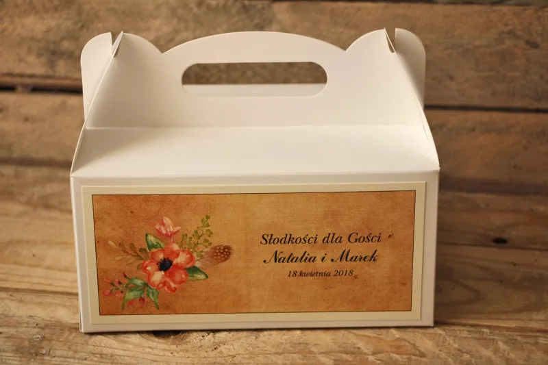 Kwiatowe, boho Pudełka (prostokątne) na Ciasto weselne w stylistyce rustykalnej, kolor pomarańczowy - Karmelowe nr 4 Kwiatowe, boho Pudełka (prostokątne) na Ciasto weselne w stylistyce rustykalnej, kolor pomarańczowy - Karmelowe nr 4