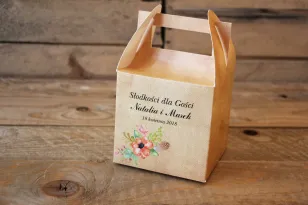 Kwiatowe, boho Pudełka (kwadratowe) na Ciasto weselne w stylistyce rustykalnej, kolor pomarańczowy - Karmelowe nr 4