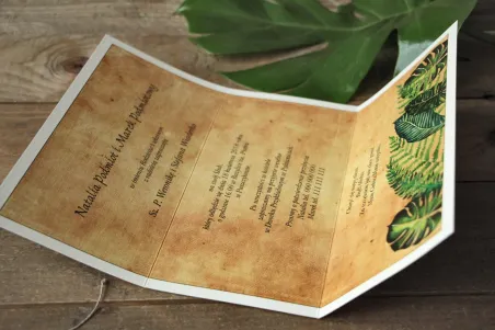 Zielone zaproszenia ślubne rustykalne z paprociami i zielonymi liśćmi w stylu greenery - Karmelowe nr 5 - wnętrze