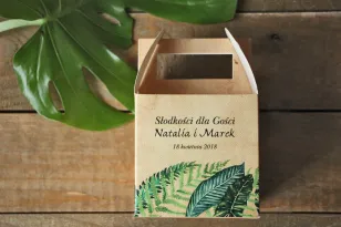 Zielone Pudełka (kwadratowe) na Ciasto weselne z paprociami i zielonymi liśćmi w stylu greenery - Karmelowe nr 5