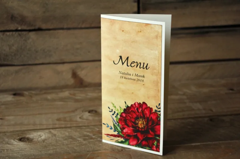 Rustykalne Menu Ślubne z bordowymi piwoniami - Karmelowe nr 6 Rustykalne Menu Ślubne z bordowymi piwoniami - Karmelowe nr 6