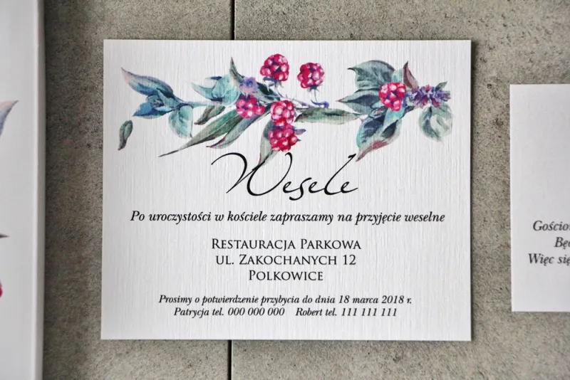 Bilecik do zaproszenia 120 x 98 mm prezenty ślubne wesele - Pistacjowe nr 17 - Leśne owoce w chłodnych barwach