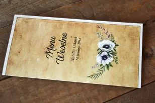 Rustykalne Menu Ślubnez białymi zawilcami (anemonami) - Karmelowe nr 7
