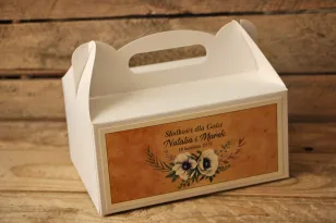 Rustykalne Pudełka (prostokątne) na Ciasto weselne z białymi zawilcami (anemonami) - Karmelowe nr 7