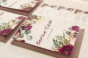 Kastanienbraun, Burgunderrot, Rosa Hochzeitseinladungen mit Rosen, Farnen und Eukalyptus Sorento Nr. 16