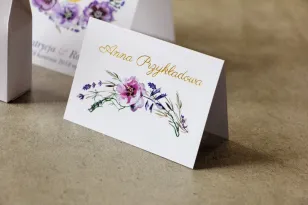 Tischkarten für die Hochzeitstafel, die Hochzeit - Zikade Nr. 9 mit Vergoldung - Violette zarte Blumen mit wildem Gras.