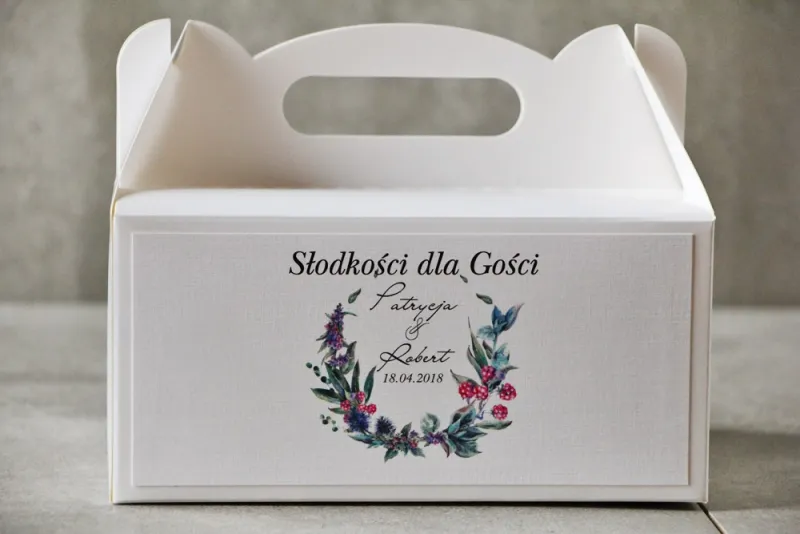 Prostokątne pudełko na ciasto, tort weselny, Ślub - Pistacjowe nr 17 - Leśne owoce w chłodnych barwach Prostokątne pudełko na ciasto, tort weselny, Ślub - Pistacjowe nr 17 - Leśne owoce w chłodnych barwach
