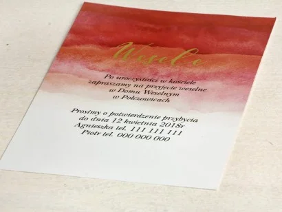 Czerwony, akwarelowy bilecik ze złoceniem do zaproszeń ślubnych