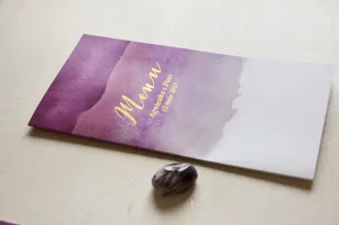 Fioletowe, akwarelowe menu ślubne ze złoceniem - Delfina nr 2