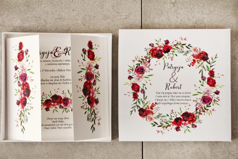 Ślubne Zaproszenia w Pudełku z Bordowymi Różami | Oryginalne Zaproszenia na Ślub
