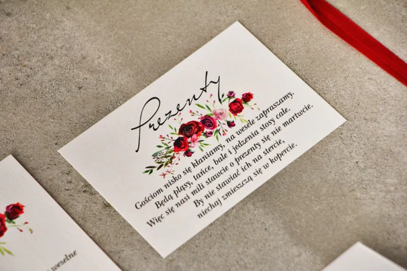 Bilecik do zaproszenia 105 x 74 mm prezenty ślubne wesele - Pistacjowe nr 18 - Eleganckie czerwone róże
