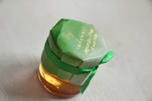 Glas Honig - danke an die Hochzeitsgäste. Grüne, aquarellfarbene Kapuze mit Vergoldung