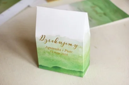 Zielone, akwarelowe pudełeczka na słodkości dla gości weselnych