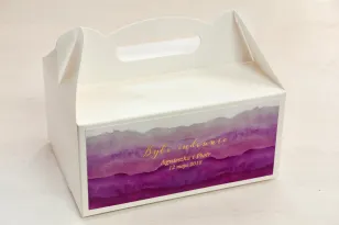Fioletowe, akwarelowe pudełko na ciasto weselne ze złoceniem