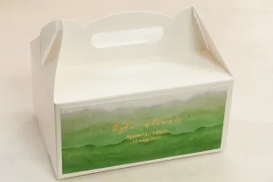 Zielone, akwarelowe pudełko na ciasto weselne ze złoceniem