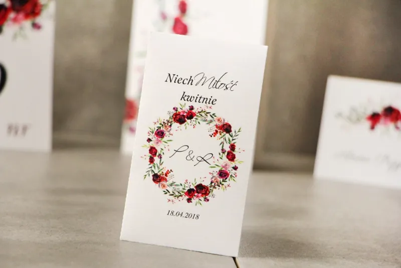 Podziękowania dla Gości weselnych - Nasiona Niezapominajki - Pistacjowe nr 18 - Wianek eleganckich czerwonych róż Podziękowania dla Gości weselnych - Nasiona Niezapominajki - Pistacjowe nr 18 - Wianek eleganckich czerwonych róż