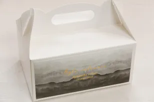 Szare, akwarelowe pudełko na ciasto weselne ze złoceniem