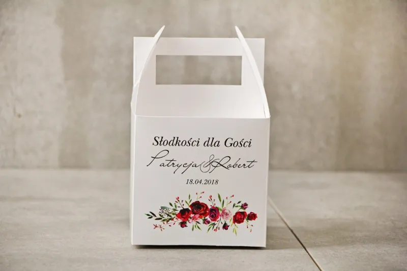 Pudełko na ciasto kwadratowe, tort weselny - Pistacjowe nr 18 - Eleganckie bordowe róże