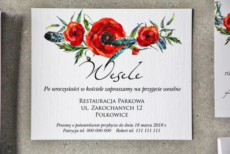 Bilecik do zaproszenia 120 x 98 mm prezenty ślubne wesele - Pistacjowe nr 19 - Czerwone polne maki