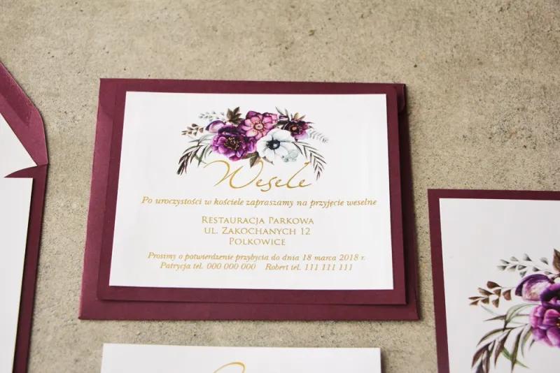 Bilecik dwuwarstwowy prezenty ślubne wesele - Cykade nr 1 ze złoceniem - Kwiaty w odcieniach chłodnego fioletu