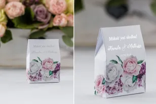 Danke an die Hochzeitsgäste in Form einer Schachtel für Süßigkeiten mit silbernen Aufschriften. Grafik mit weißen und rosa
