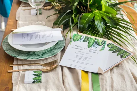 Hochzeitseinladung, Einladungen zur Blumenhochzeit mit Vergoldung - Sorento No.12 - Tropische Blätter