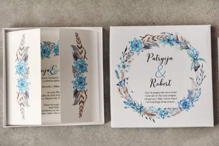 Efektowne Zaproszenie ślubne w pudełku - Pistacjowe 21 - Boho w kolorystyce błękitu i brązu