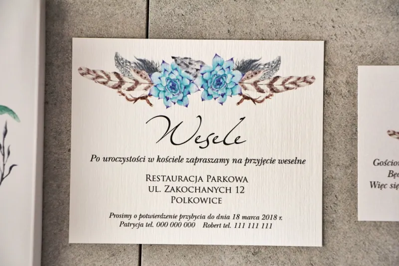 Bilecik do zaproszenia 120 x 98 mm prezenty ślubne wesele - Pistacjowe nr 21 - Błękitne sukulenty boho. Bilecik do zaproszenia 120 x 98 mm prezenty ślubne wesele - Pistacjowe nr 21 - Błękitne sukulenty boho.