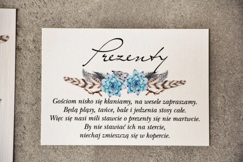 Bilecik do zaproszenia 105 x 74 mm prezenty ślubne wesele - Pistacjowe nr 21 - Błękitne boho sukulenty Bilecik do zaproszenia 105 x 74 mm prezenty ślubne wesele - Pistacjowe nr 21 - Błękitne boho sukulenty