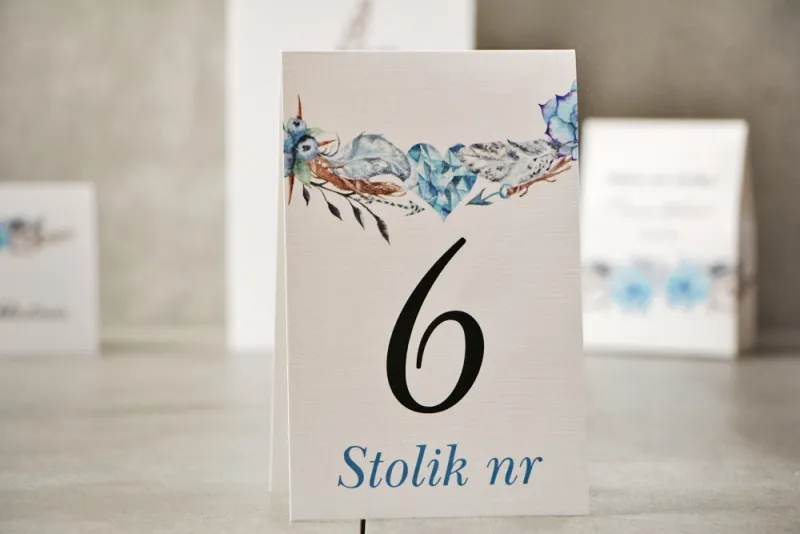 Numery stolików, stół weselny, Ślub - Pistacjowe nr 21 - W stylu boho, w odcieniach błękitu