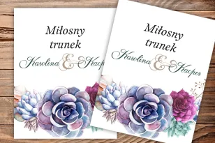 Selbstklebende Etiketten für Hochzeit und Hochzeitsflaschen. Originelle Komposition von Sukkulenten in schönen violetten Farben