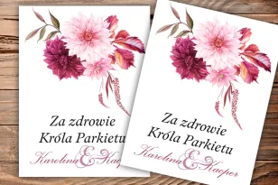 Selbstklebende Etiketten für Hochzeit und Hochzeitsflaschen - eine winterliche Kombination aus Dahlienblüten mit
