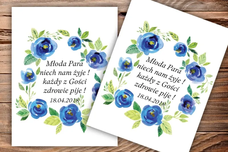 Etykiety samoprzylepne na butelki weselne, ślubne z grafiką akwarelowych róż Etykiety samoprzylepne na butelki weselne, ślubne z grafiką akwarelowych róż