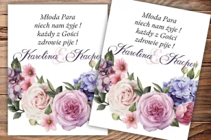 Selbstklebende Etiketten für Hochzeit und Hochzeitsflaschen mit einem Motiv aus Rosen und Flieder