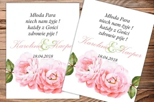 Etykiety samoprzylepne na butelki weselne, ślubne z motywem róż w pastelowych odcieniach różowego koloru