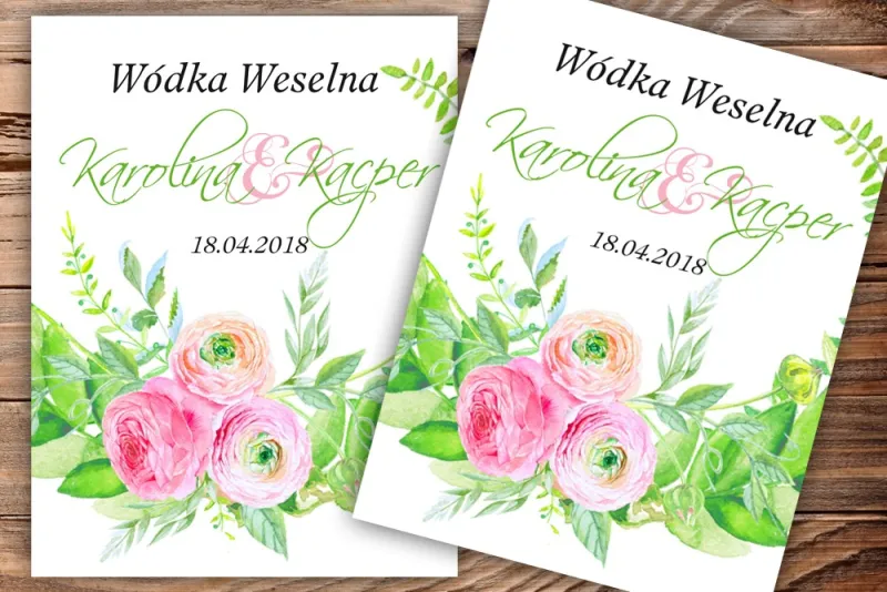 Etykiety samoprzylepne na butelki weselne, ślubne w kolorze zielonym z akcentem różowych jaskrów Etykiety samoprzylepne na butelki weselne, ślubne w kolorze zielonym z akcentem różowych jaskrów