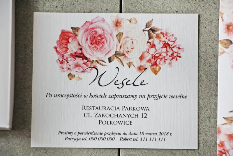 Bilecik do zaproszenia 120 x 98 mm prezenty ślubne wesele - Pistacjowe nr 23 - Bukiet pudrowo różowych kwiatów