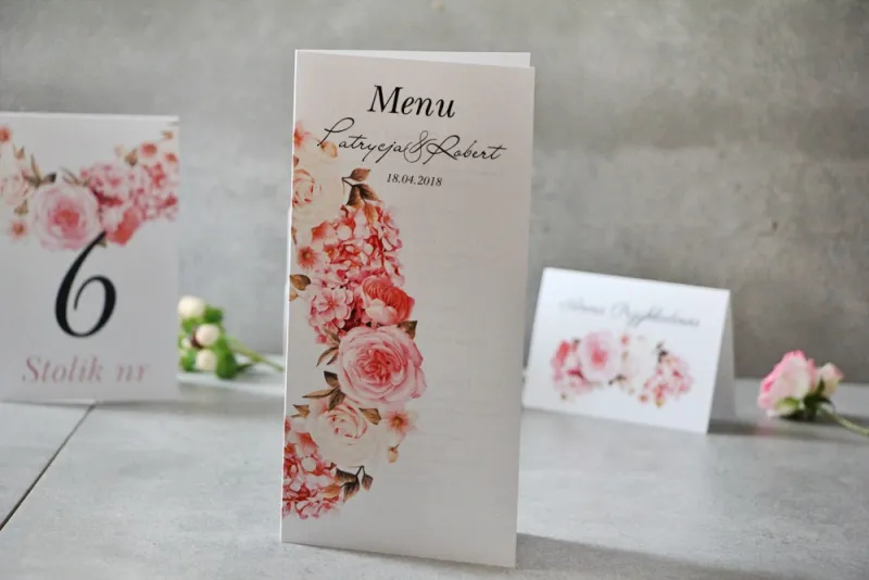 Menu weselne, ślub, stół weselny - Pistacjowe nr 23 - Kwiaty w odcieniach pudrowego różu Menu weselne, ślub, stół weselny - Pistacjowe nr 23 - Kwiaty w odcieniach pudrowego różu