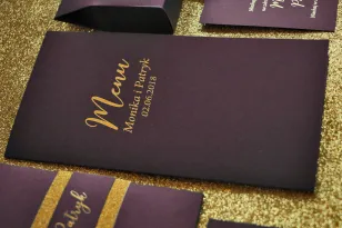Menu Weselne ze złoceniem w stylu Glamour - Fioletowe