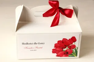 Pudełko na Ciasto weselne z czerwonymi tulipanami.