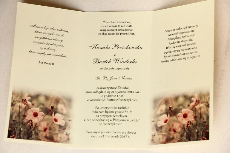 Ślubne Zaproszenia kremowo-brązowe, z ozdobnym wierszykiem, idealne na jesień | Nietypowe Zaproszenia na Wesele