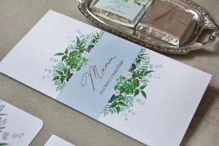 Hochzeitsmenü mit Eukalyptusgrafiken und Versilberung auf dem Cover - Wintermuster in kühlen Blautönen