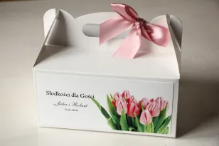 Pudełko na Ciasto weselne z różowymi tulipanami