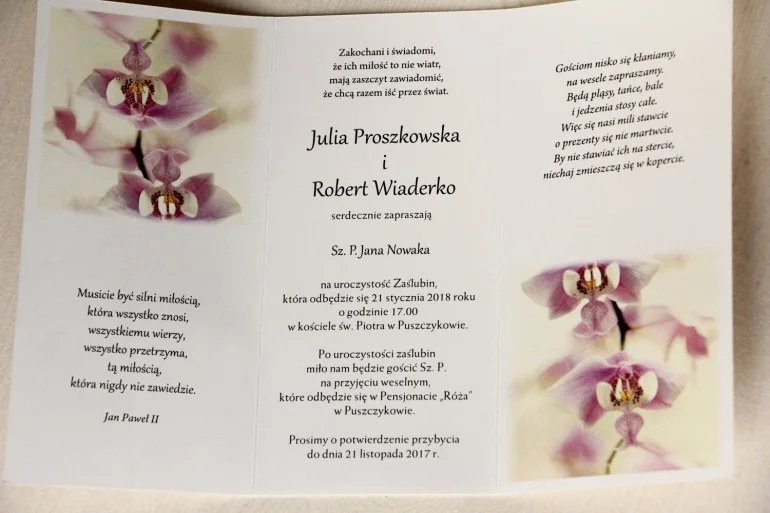 Eleganckie Zaproszenia ze Wzorem Orchidei i Wierszykiem | Nietypowe Zaproszenia Ślubne