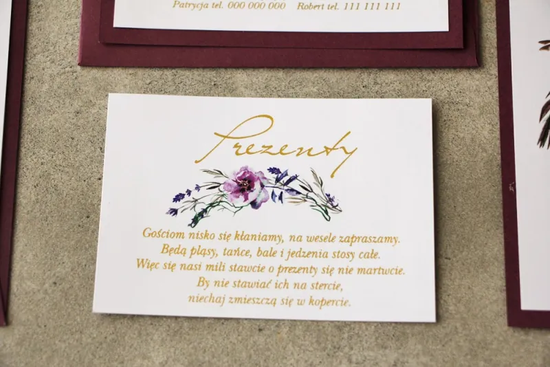 Bilecik prezenty ślubne wesele - Cykade nr 1 ze złoceniem - Delikatne fioletowe kwiaty