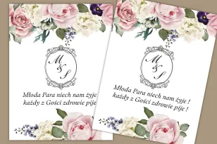 Selbstklebende Etiketten für Hochzeit und Hochzeitsflaschen. Zartes, romantisches Muster mit pastellfarbenen Rosen,