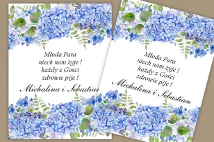 Selbstklebende Etiketten für Hochzeit und Hochzeitsflaschen. Blaue Hortensie und Lavendelblüten