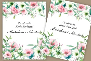 Selbstklebende Etiketten für Hochzeit und Hochzeitsflaschen. Subtiles, pastellfarbenes Muster mit Eustoma und Wildblumen
