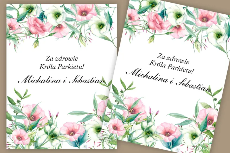 Etykiety samoprzylepne na butelki weselne, ślubne. Subtelny, pastelowy wzór z eustomą oraz polnymi kwiatami