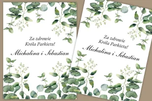 Etykiety samoprzylepne na butelki weselne, ślubne. Delikatny, elegancki wzór z liśćmi eukaliptusa w chłodnym odcieniu zieleni.